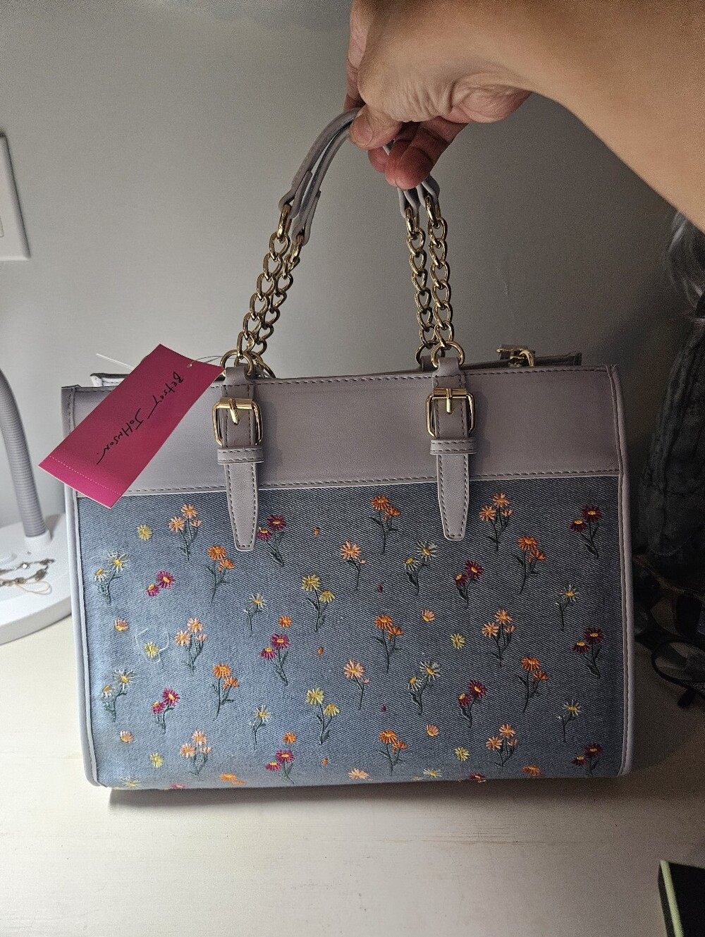 NWT Betsey Johnson Xobeca Denim Floral Satchel Crossbody Bag Hot Air Balloon - Picture 8 of 12